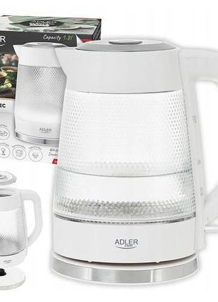 Электрочайник стеклянный adler ad 1306, 1.8 л, led подсветка, 2200 вт, скрытый нагревательный элемент, автоотключение