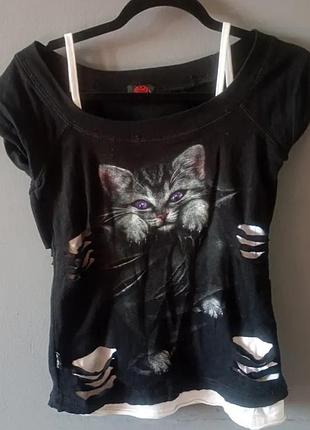 Топ-футболка з підкладкою та принтом котика від spiral 🐈 cutecore gothic punk rock coquette y2k dollskill streetwear