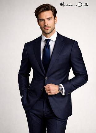 Темно-синій чоловічий піджак зі 100% вовни massimo dutti (є нюанс) l 52