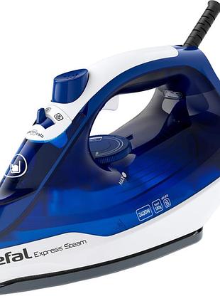 Праска tefal fv2838e0 express steam 2400w з вертикальним відпарюванням і керамічною підошвою, синій/білий