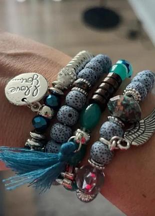 Набор браслетов женских зелёных 4 шт,бижутерия на резинке с подвесками