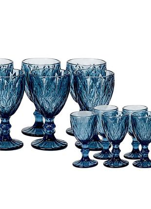 Набор граненных фужеров с рюмками high quality glass 12 предметов blue