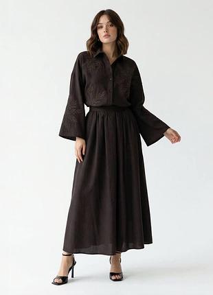 Костюм-двойка блуза и длинная юбка коричневый | 96792