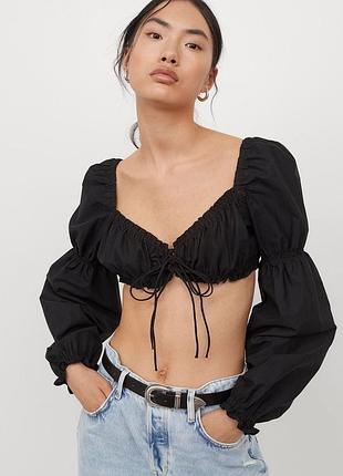 Блуза топ чорний жіночий h&m кроп-топ з обʼємними рукавами м