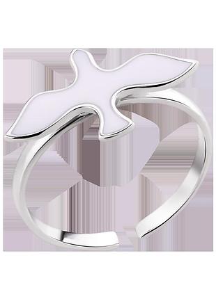 Серебряное кольцо тоненькое птица объемная с белой эмалью