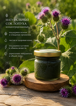 Сок лопухая концентрат. натуральный 100%
50 мл концентрата из листьев лопуха.