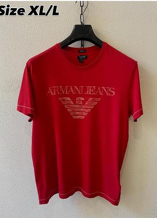 Оригінальна чоловіча червоного кольору футболка armani jeans розмір ближче l для повсякденного життя