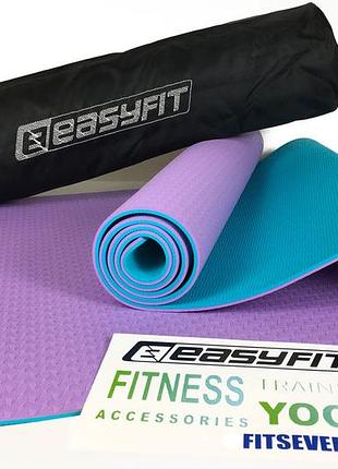 Килимок для йоги та фітнеса easyfit tpe+tc 6мм двошаровий + чохол фіолетовий з м'ятним