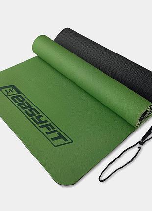 Коврик для йоги и фитнеса easyfit tpe+tc 6мм двухслойный зеленый-черный