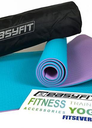 Килимок для йоги та фітнеса easyfit tpe+tc 6мм двошаровий + чохол м'ятний з фіолетовим