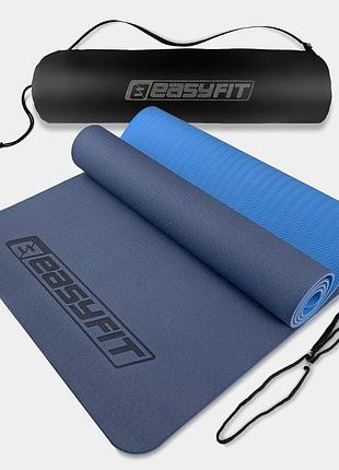 Коврик для йоги и фитнеса easyfit tpe+tc 6мм двухслойный + чехол синий с голубым