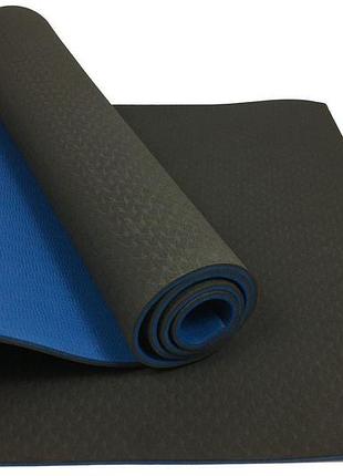 Коврик для йоги и фитнеса easyfit tpe+tc 6мм двухслойный черный-синий