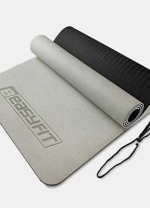 Коврик для йоги и фитнеса easyfit tpe+tc 6мм двухслойный серый-черный