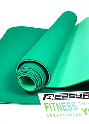 Коврик для йоги и фитнеса easyfit tpe+tc 6мм двухслойный зеленый-мятный