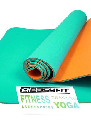 Коврик для йоги и фитнеса easyfit tpe+tc 6мм двухслойный бирюзовый-оранжевый
