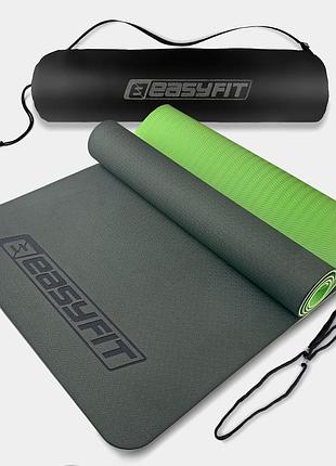 Коврик для йоги и фитнеса easyfit tpe+tc 6мм двухслойный + чехол черный с зеленым