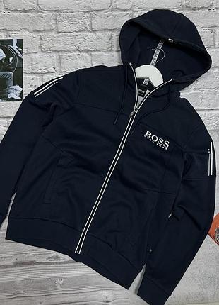 Чоловіча спортивна кофта hugo boss saggy zip up hooded sweatshirt зип-худі темно-синя оригінал з капюшоном на замку класична бу розмір s