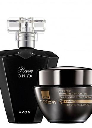 Женский подарочный набор avon: rare onyx 50 мл + крем для лица «питание и сияние» 50 мл