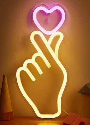 Светодиодная неоновая вывеска "корейское сердечко" (finger heart) / led ночник (25х12 см)