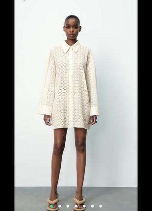 Ажурная вышитая рубашка оверсайз zara, айвори