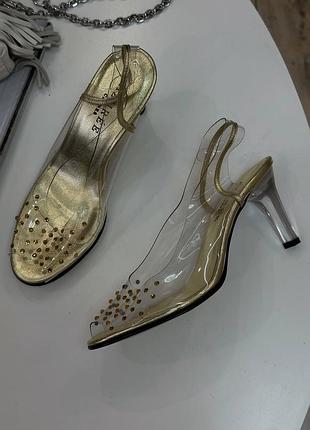 Силіконові прозорі босоніжки з золотистим камінням