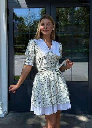 Накладной платеж ❤ штапельное праздничное платье в цветочный принт с пышной юбкой и воротничком декорированное кружевом