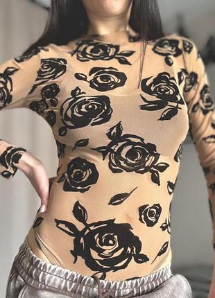 Боді жіноче тілесне сітка з трояндами s/m/l