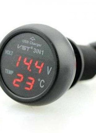 Автомобільний термометр вольтметр в прикурювач чорний usb vst 706-1