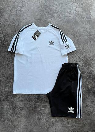 Спортивный костюм унисекс черный с белым, комплект adidas футболка + шорты ✅