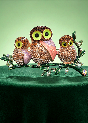 Брошка- кулон у стилі napier «three owls on a branch», 7,5 см, сова, три сови на гілці