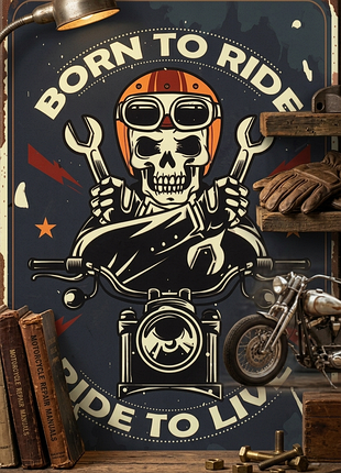 Металлическая винтажная табличка born to ride байкер череп 14х20 см