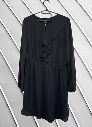 Черное шифоновое платье h&amp;m с воланами летнее платье оверсайз с объемными рукавами эйч энд эм оригинал размер m l Короткое черное платье на подкладке h&amp;m