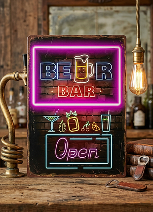 Металлическая винтажная табличка ретро неон beer bar open 14х20 см
