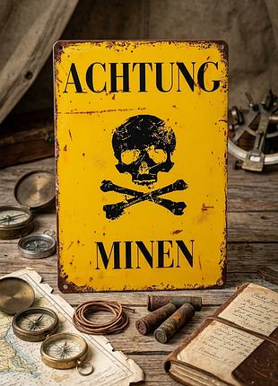 Металлическая винтажная табличка "achtung minen!" желтый знак череп 14х20 см
