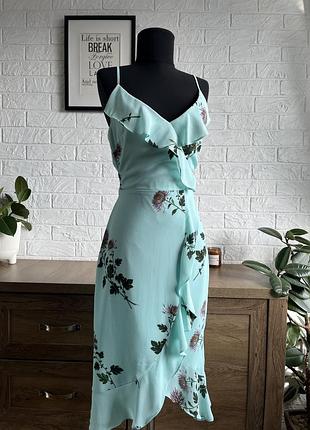 Сукня 👗 плаття    літнє бірюзова квіти 💐 міді  oasis рюші шифон , 38, s-m