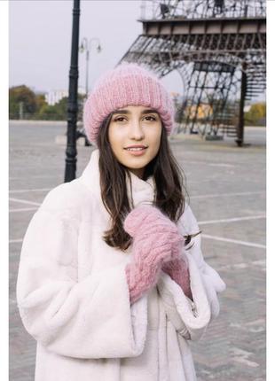 Рукавицы варежки вязаные митенки мохер повязка шапка такори шерсть бежевый розовый