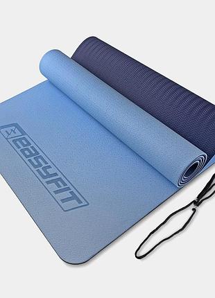Коврик для йоги и фитнеса easyfit tpe+tc 6 мм двухслойный голубой-синий