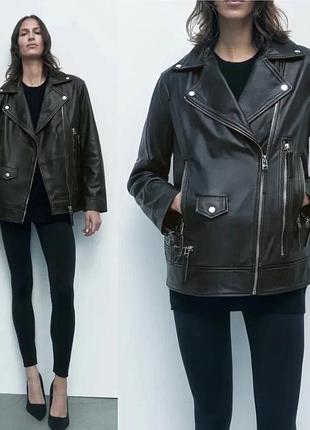 100% шкірa zara лімітована байкерська куртка з ефектом потертості