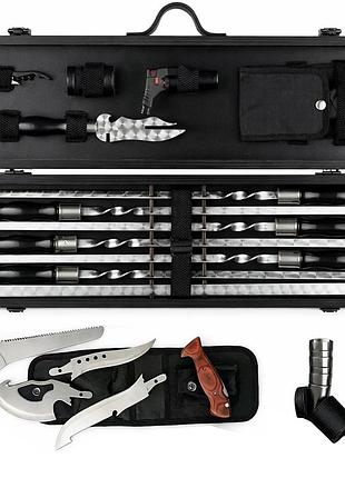 Шашличный набор в деревянном кейсе, 20 предметов, grills g1, черный / набор шампуров для шашлыка / комплект шампуров для пикника