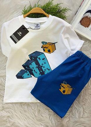Костюм літній на хлопчика adidas, minecraft (футболка+шорти), біло синій