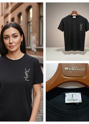 517. yves saint laurent, жіноча бавовняна футболка чорного кольору прикрашена стразами у фірмовому стилі
