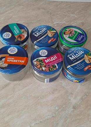 Банки скляні (6шт) з кришками з під мідій, із пасти з лососем