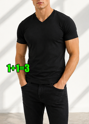 🤩1+1=3 базовая черная мужская футболка хлопок studio, размер 44 - 46