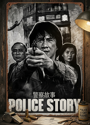 Металлическая винтажная табличка полицейская история джеки чан 14х20 см