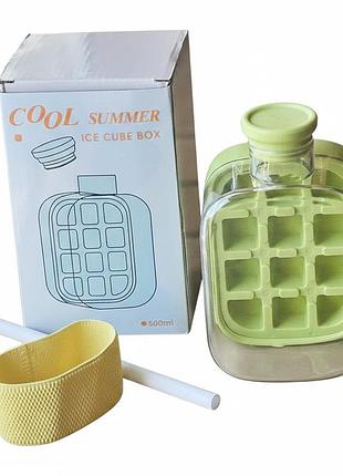 Бутылка для льда 500мл с трубочкой и крышкой, ice cube box, зеленая / форма для льда / бутылка-форма для льда 6