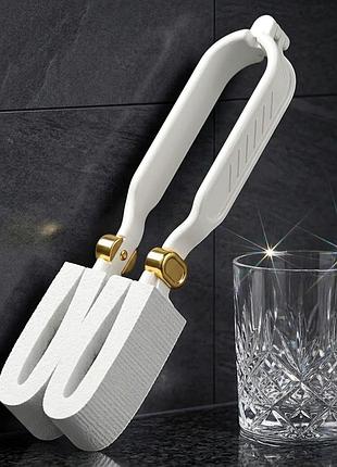 Щетка-губка для мытья стаканов, с двойной ручкой, 28.5x7 см, белый/ губчатая щетка для посуды/ двусторонняя щетка для чашек