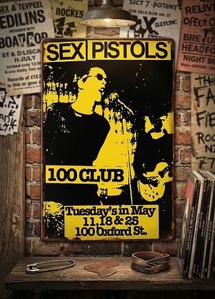 Металлическая винтажная табличка sex pistols 100 club 14х20 см