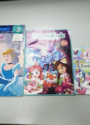 Набор девочке три детские книги  журналы disney золушка enchantimals единорог пазлы