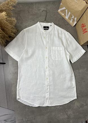 Чоловіча сорочка поло стійка рубашка льон мужская белая лён linen