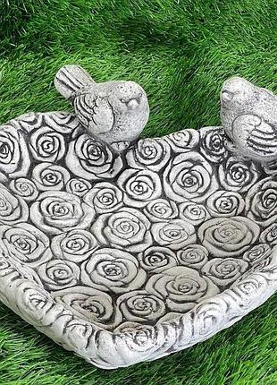 Бетонная скульптура для сада, 37х36х13см, сердце розы / бетонная поилка для птиц / скульптура бетонное сердце
